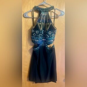 Dave & Johnny Embellished Halter Cutout Formal Dress Teal/Black/Gold 9/10 Prom